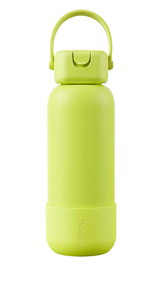 In-stock neon green bottle with square-to-round lid, silicone carrier, and dual straw choice. Trend-setting design for wholesale supply.