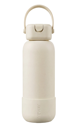 Wholesale off-white stainless steel flask with square cap, silicone handle, and optional metal/silicone straw. Factory-direct for corporate gifts.