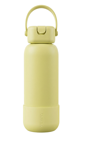 Custom pale lime vacuum bottle with square lid and silicone strap. Choose stainless steel or soft silicone straw. Premium OEM manufacturer for B2B.