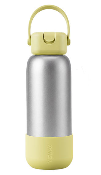 Sleek silver stainless steel flask with yellow silicone-handle accent and square cap. Optional straw kit, factory-direct wholesale supply.