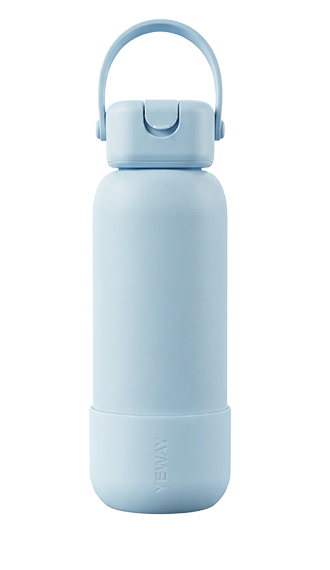 Sky blue business flask in stock with signature square lid and handle. Supports both stainless and silicone straws, ready-to-ship from OEM factory.