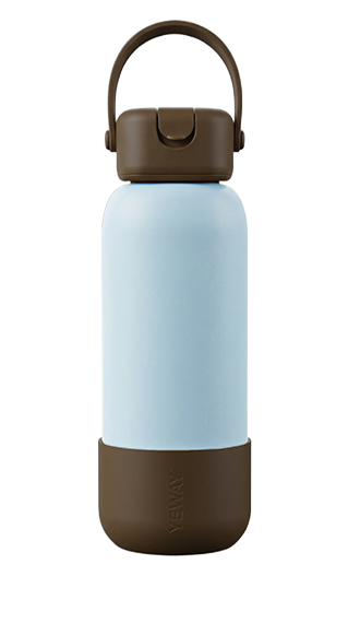 Vibrant sunset orange flask with square-round silicone handle cap and dual straw support. Trend-setting design for fashion retail wholesale.