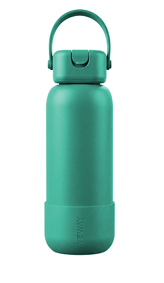Teal green powder coated bottle with signature square cap and silicone handle. Optional stainless/silicone straw, best-seller for B2B distributors.