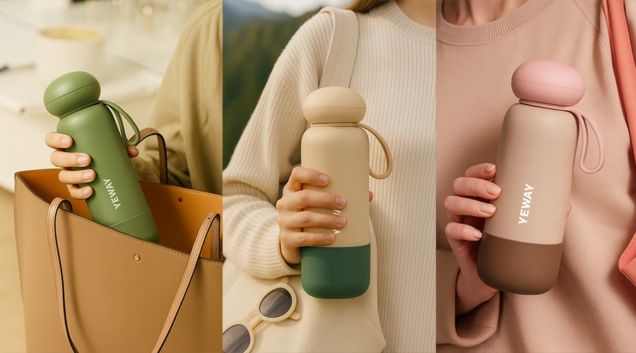 Minimalist insulated water bottle with smooth pebble-style lid design
