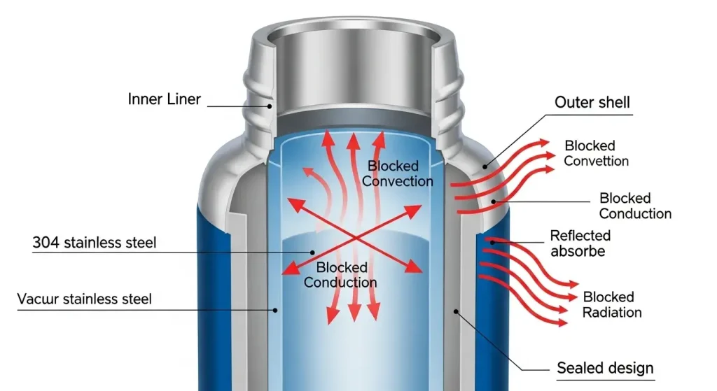 double wall vacuum insulated bottle structure diagram showing heat transfer prevention