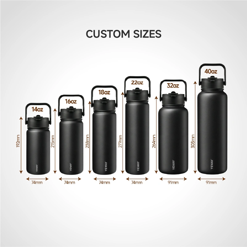 Stainless steel insulated water bottle YW-B02 capacity range from 14oz to 40oz size comparison chart for OEM customization