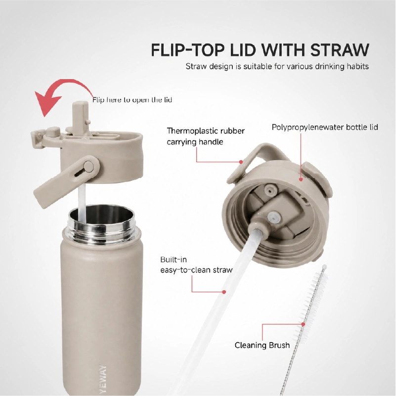 Leakproof straw lid insulated water bottle with handle for sports and daily hydration