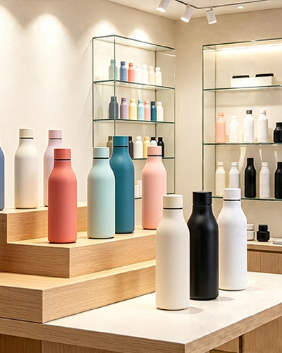 Retail display of stainless steel insulated water bottle collection for private label brands