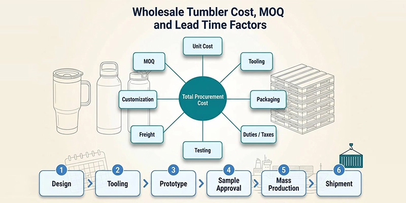 Wholesale tumbler purchasing factors including MOQ unit cost tooling customization packaging and lead time