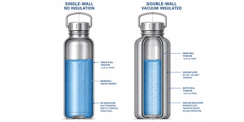 Single-wall and double-wall vacuum insulated stainless steel water bottle construction comparison
