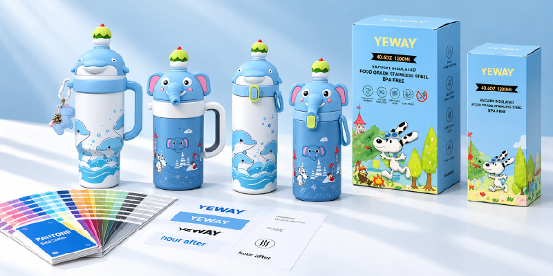 Custom stainless steel water bottle product development with different shapes, lids, colors, and finishes