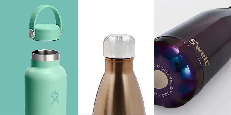 Stainless steel water bottle body, base, and lid details related to structural durability