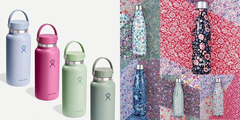 S’well and Hydro Flask water bottles compared by colors, patterns, and brand design